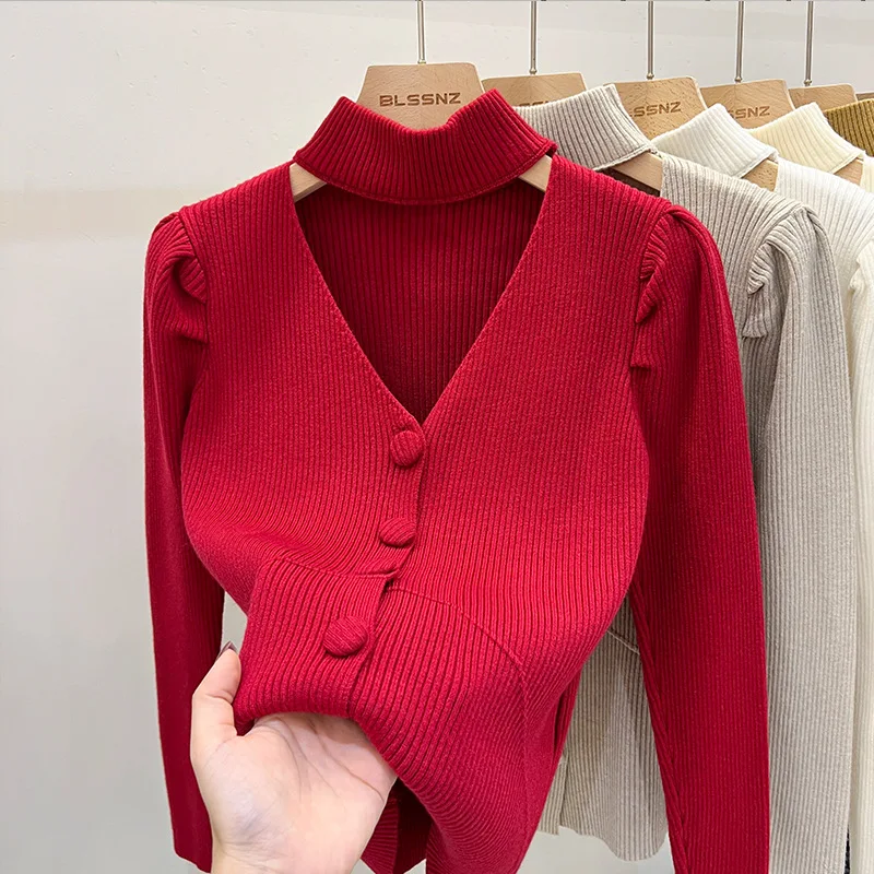 

Кардиган, вязаная куртка, женский красный свитер, дизайнерская нишевая Женская майка с V-образным вырезом и высоким воротником