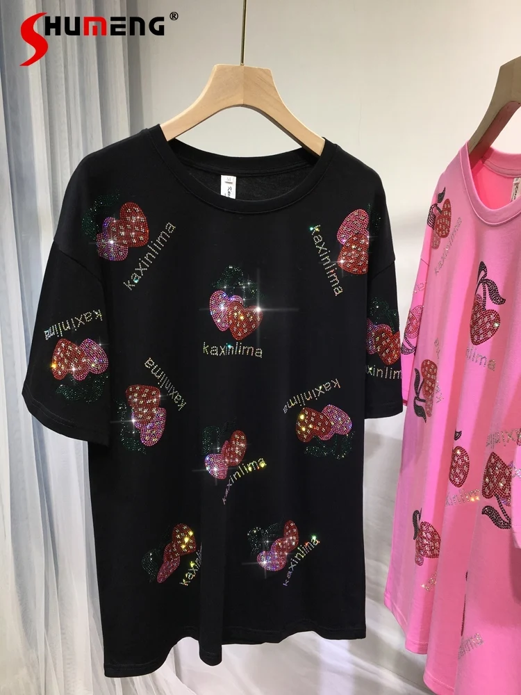 

Women's Strawberry Rhinestone Black Tshirts Shiny Thin Cotton Top 2022 Summer New Loose Round Neck Short Sleeve Tee Streetwear