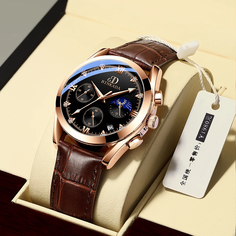 Binkada 2022 watches Men Quartz Watch Fashion Luxury Clock moon phase calendar luminous famous brand business watch reloj hombre