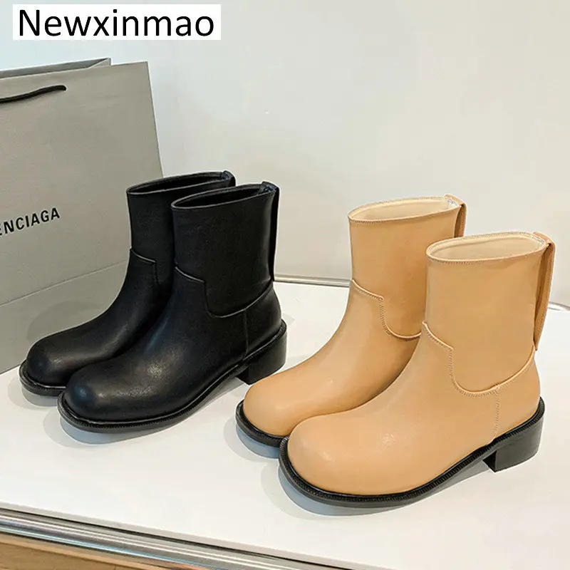 

Новые модные женские ботильоны Newxinmao из коровьей кожи, теплая обувь на плоской толстой высокой подошве, женская обувь
