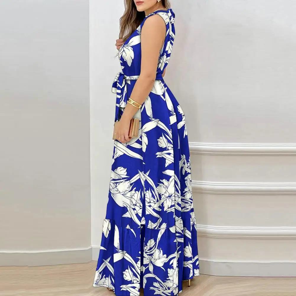 

Women Maxi Dress Fashionable Women's Sleeveless Maxi Dress with Loose Ruffle Stitching Hem Belt Streetwear Chic for Summer