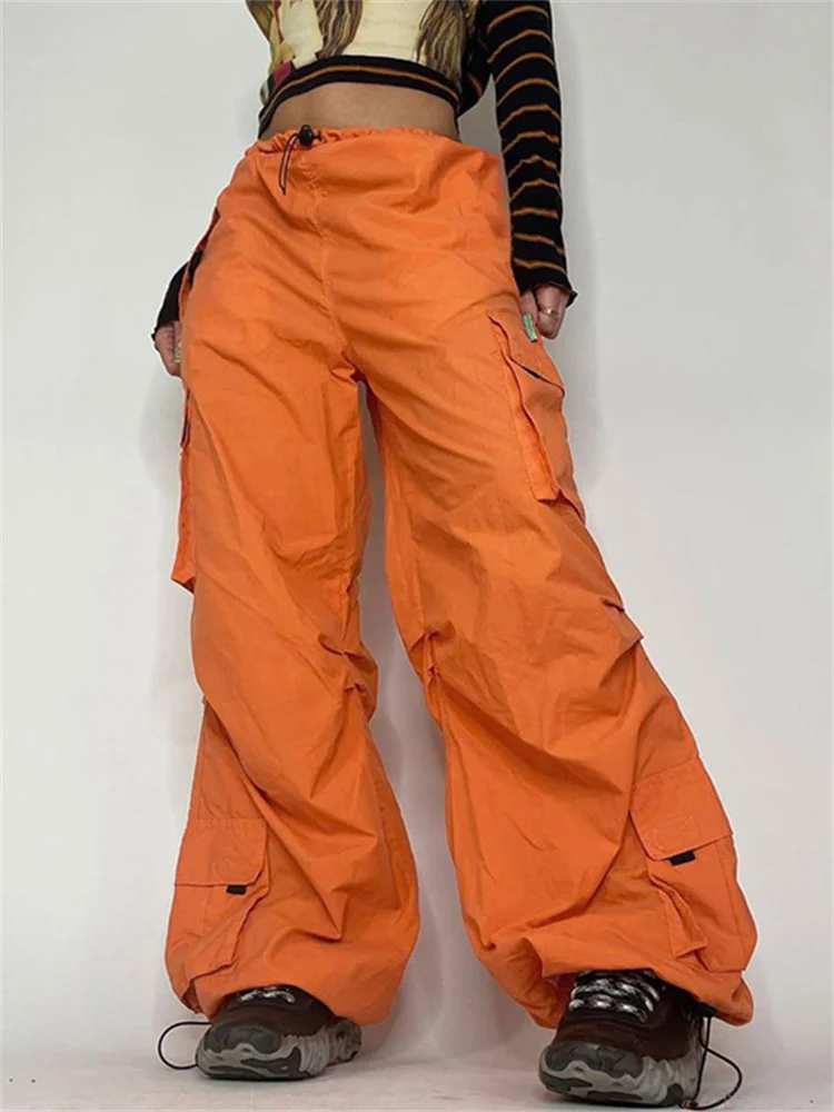 

QWEEK Y2K Parachute Pants Women Harajuku Streetwear Hip Hop Orange Low Waist Cargo Pants Oversized High Street Wide Leg Trousers
