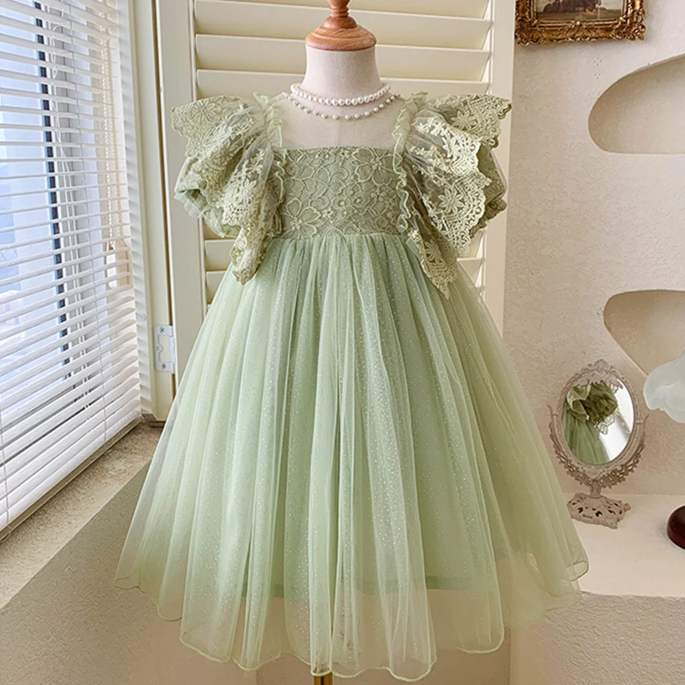 

Melario Children's Princess Dresses Green Beige Baby Party Dress with Lace Pearl Mesh Flare Sleeves Summer Dress Kids Clothes