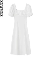 xnwmnz 2022 women fashion white linen blend dress woman retro short sleeves open back tie hem slit female chic midi dresses