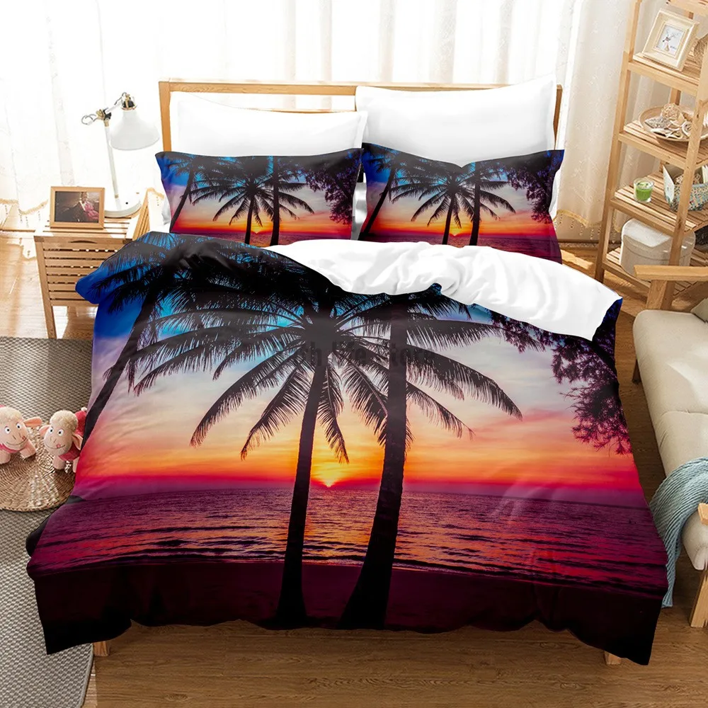

Sunset Seaside Scenery Coconut TreeBedding Set Bedding Set Duvet Cover and Pillowcase Double Size Bed Linens Bedroom 3pcs