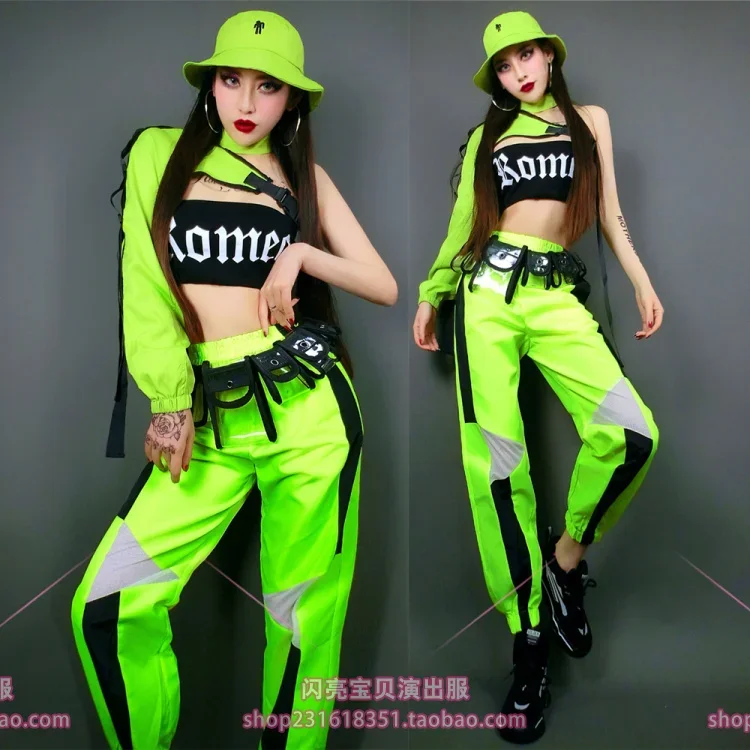 

Флуоресцентные зеленые брюки, женские штаны для бара, сексуальные костюмы для джазовых танцев, костюм в стиле хип-хоп, одежда для командных представлений