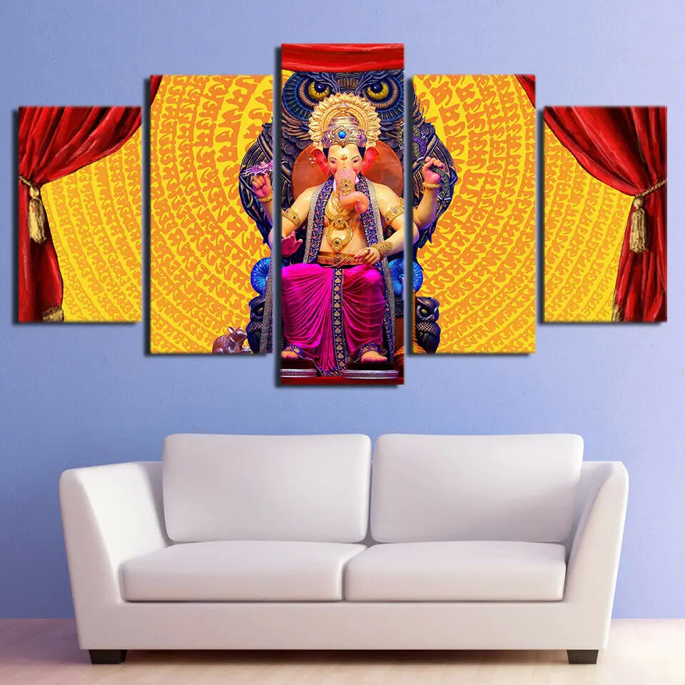 

5 Pcs Color Hindu God Ganesha Elephant Canvas Pictures Print Wall Art Canvas Paintings Wall Decorations for Living Room Unframe