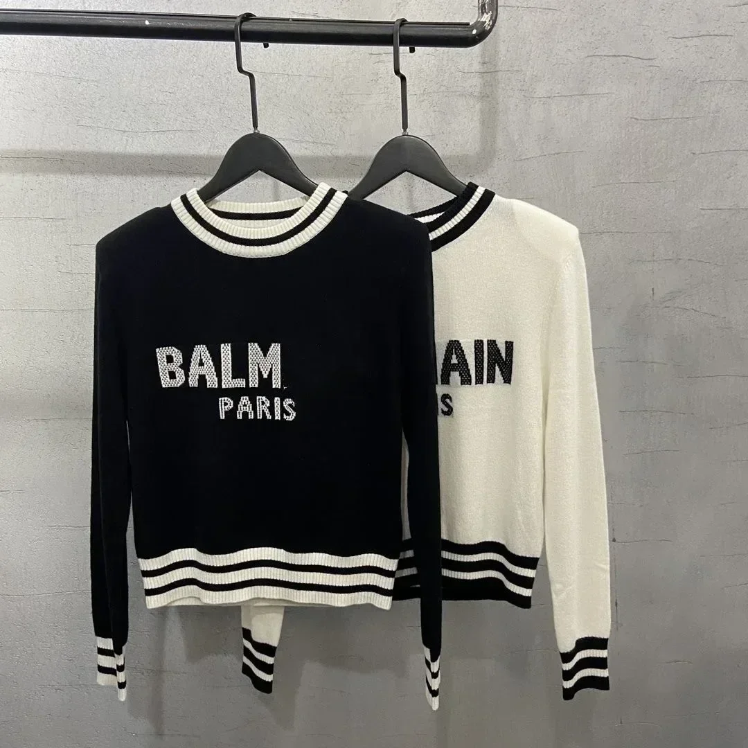

B Women's Autumn 2023 New Slim Round Neck Pullover Alphabet Striped Long-sleeved Sweater Versatile Age Reduction