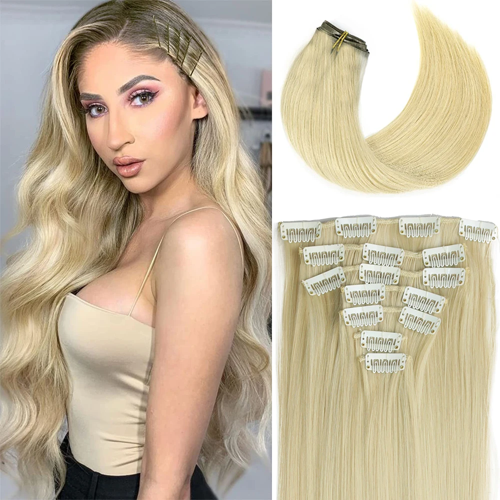 24Inch Synthetic Extension 16 Clips Blonde Hair Natural Long Wavy 7Pcs/Set Heat Resistant Fiber Hairpiece Black Brown Hairstyle