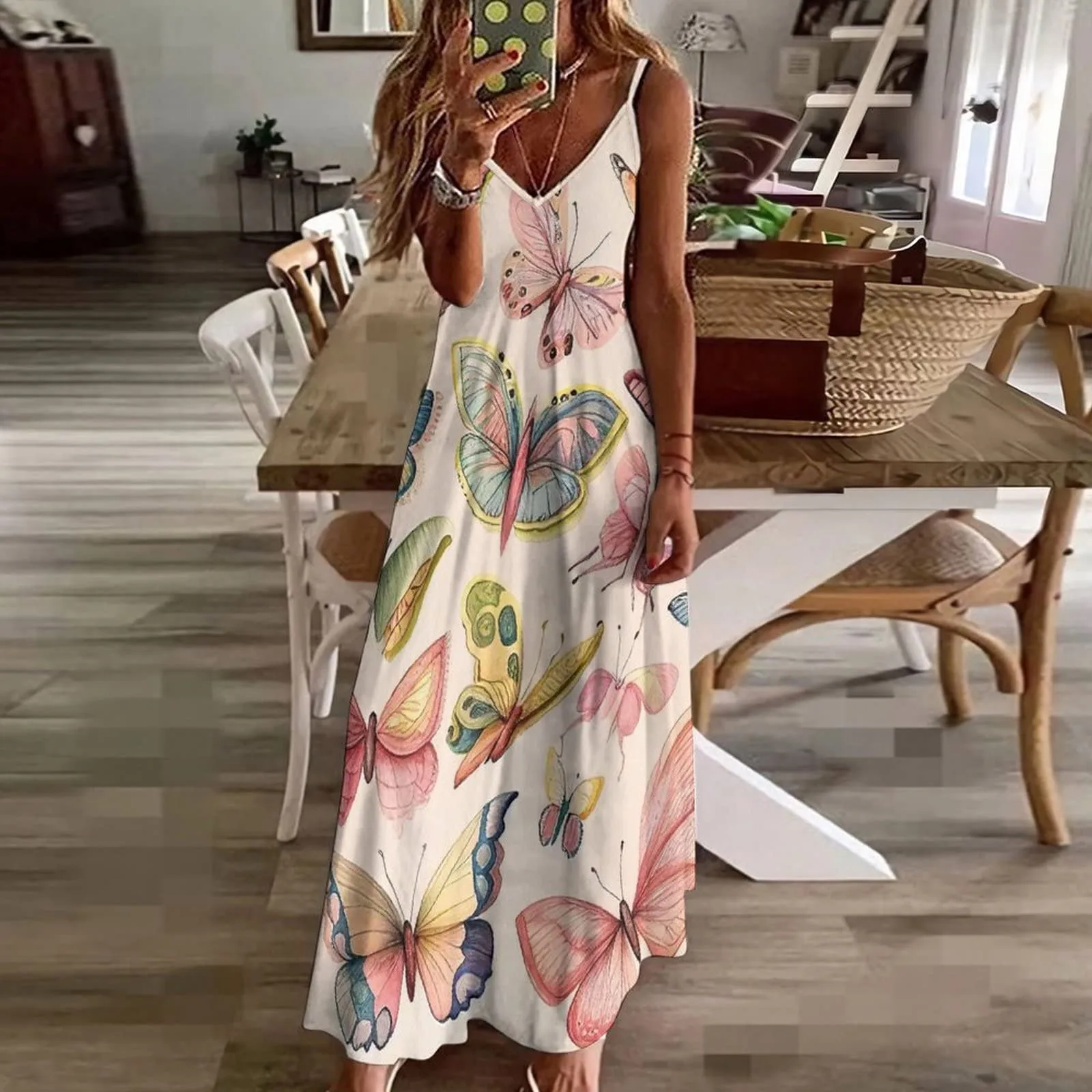 

female dress Floral Print V-Neck Long Dresses Casual Bohemian Sleeveless Women Summer Beach Travel Party vestidos para mujer