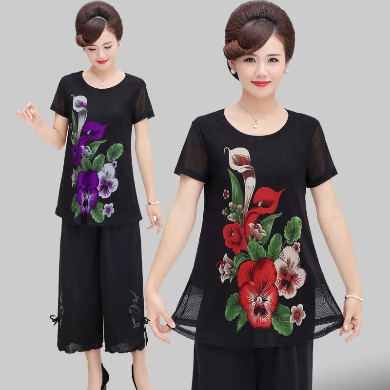 

New 2022 Summer Middle-aged Mother Short-sleeved Suit Female Floral Print Two-piece Set Women's Casual Loose Clothes Sets F52