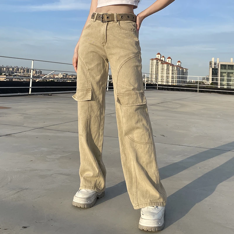 

2022 European American retro style multi-pocket features washed color jeans straight Cargo Pants high waist casual pants