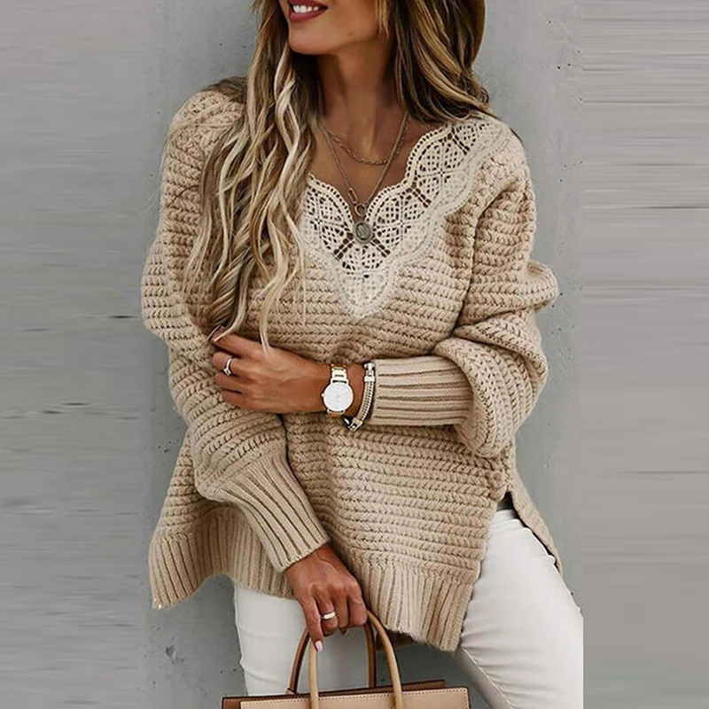 

Women Elegant Lace V Neck Loose Sweaters Autumn Casual Long Sleeve Solid Pullover Tops Streetwear Knit Sweaters