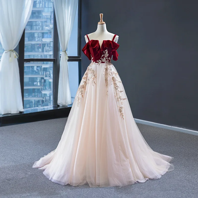

2021 New Woman Ruffled Mesh Dress Elegant Retro Party Long Maxi Dresses Sexy Sling Hems Embroidery Appliques Dress Spring Fall