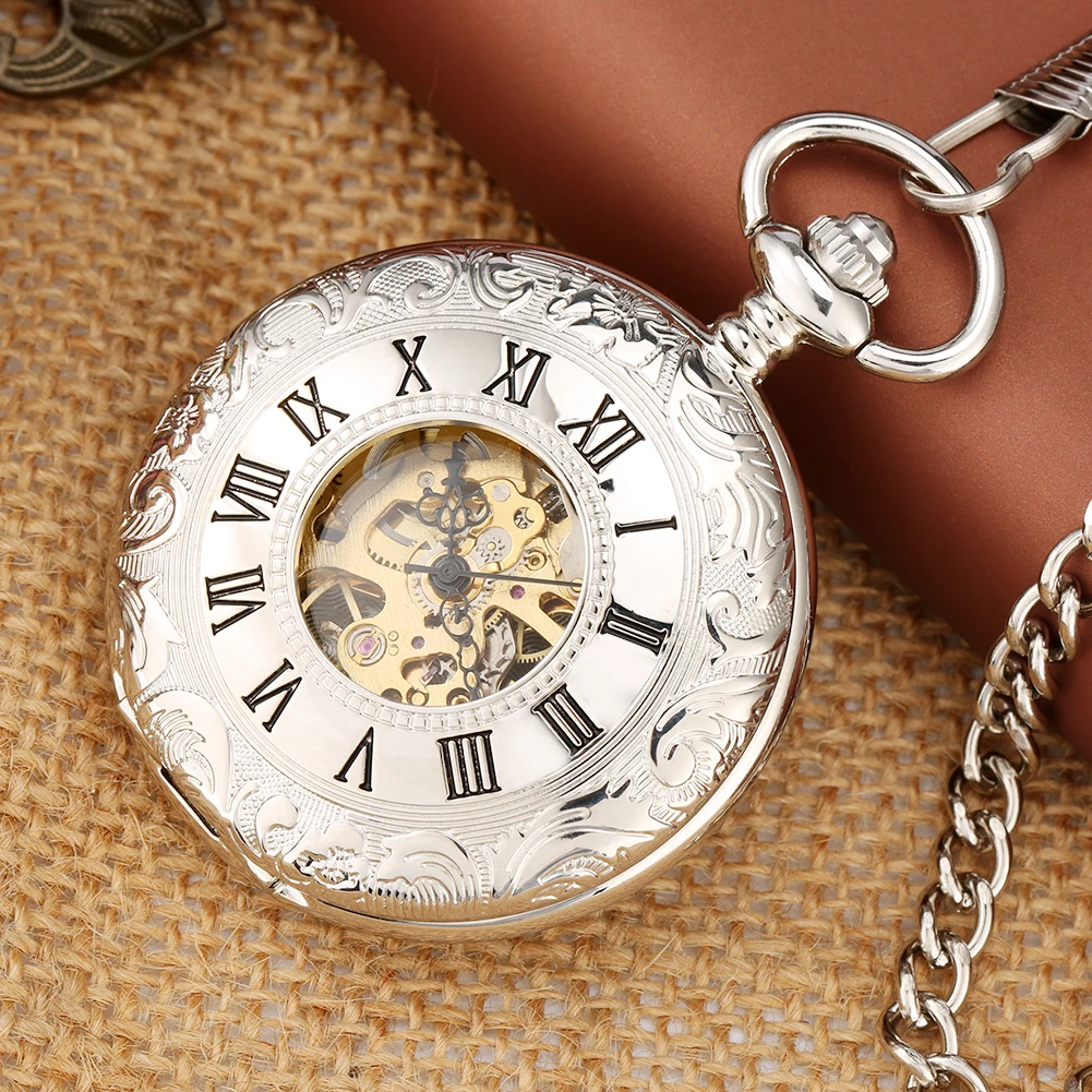 Manual Mechanical Pocket Watch Silver Double Cover Roman Numerals Display Vintage Pendant Pocket Clock Antique Gift Timepiece