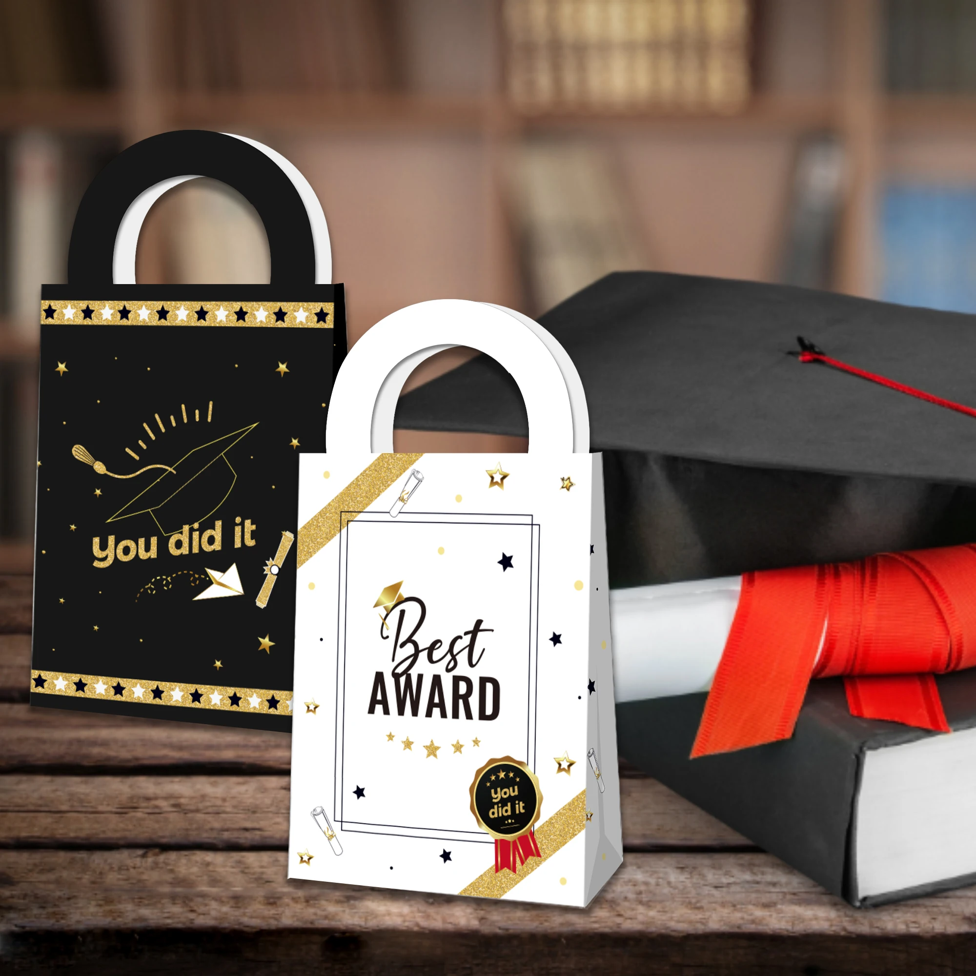 

BD077 12Pcs 2022 Happy Graduation Dr. Congrats Grad Hat Party Portable Packing Paper Tote Gift Bags Students Party Decorations
