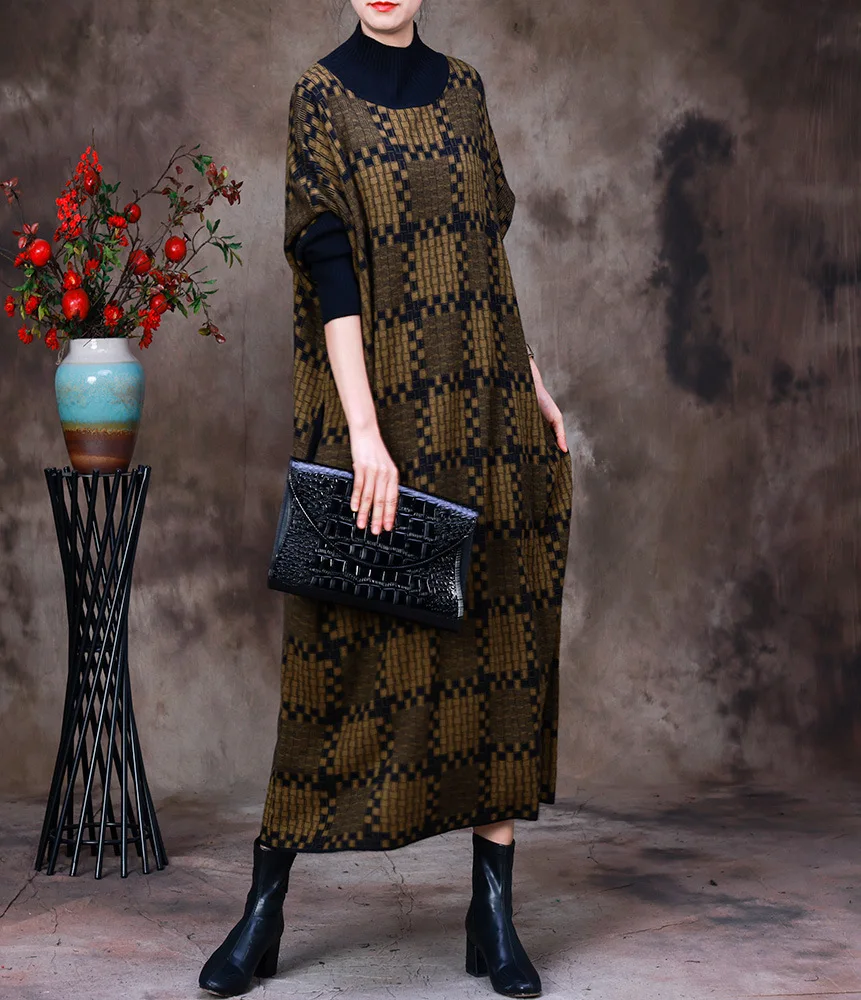 

SuperAen Fall Winter 2022 New Plaid Dress Knitted Turtleneck Wool Loose Oversize Long Dresses