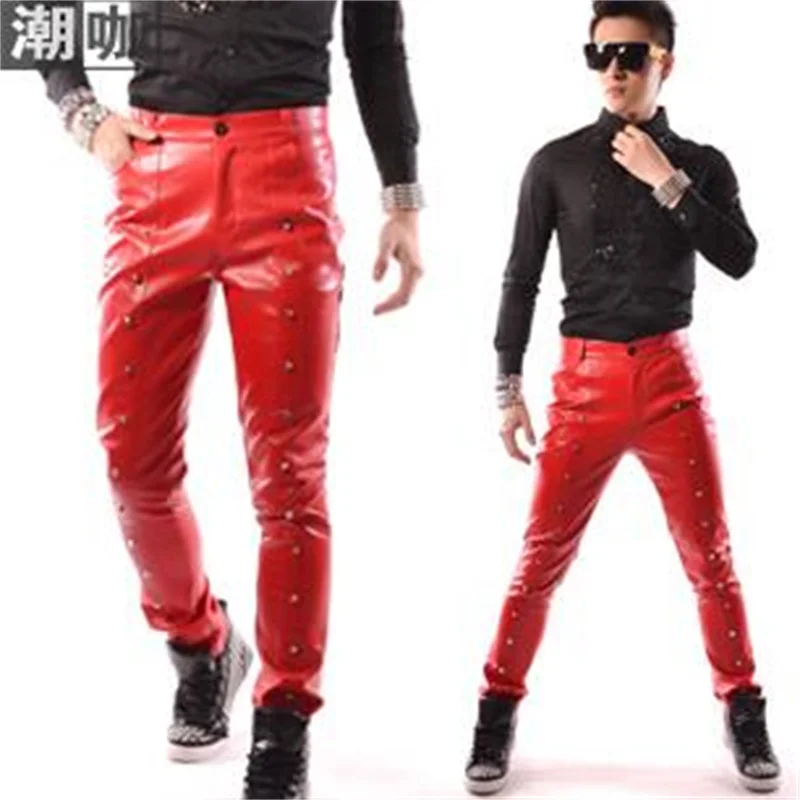 Red rivet leather pants mens trousers decoration casual korean clothing performance European and American singer stage fashion