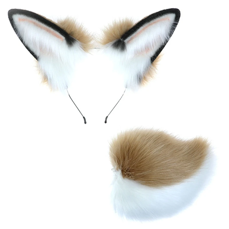 

Handmade Plush Rabbit Ears Hair Hoop Tail Set Unisex Simulation Animal Ears Headband Tail Suit for Photo Shooting Cosplay Props