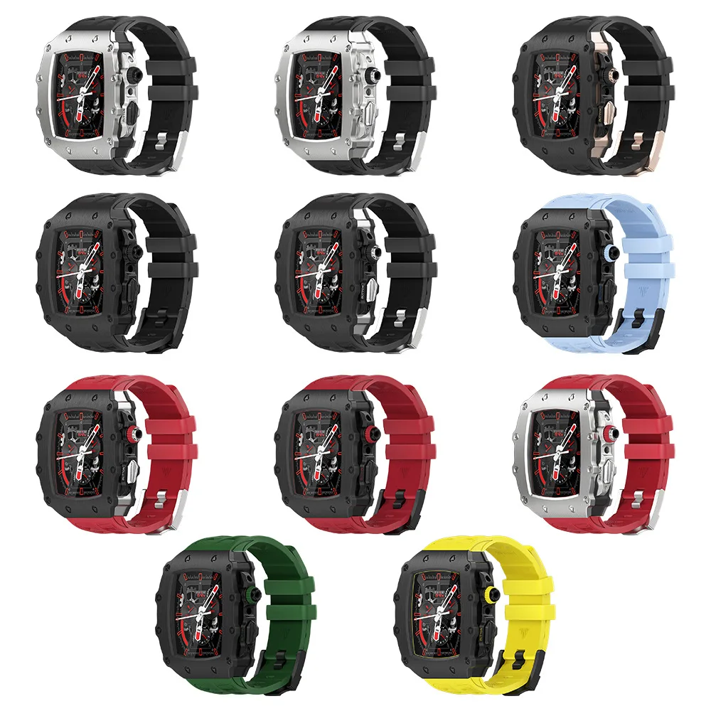 Stainless Steel Case Luxury Modification Kit for Apple Watch Band 45mm 44mm Metal Case Rubber Strap IWatch Series 8 7 6 SE 5 4