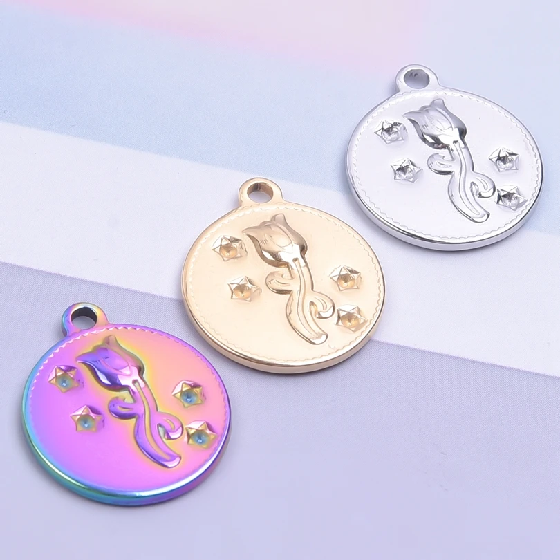 

3pcs/Lot DIY Round Star Tulip Flower Pendants Charm Stainless Steel Charms For Jewelry Making Supplies Breloque Acier Inoxydable