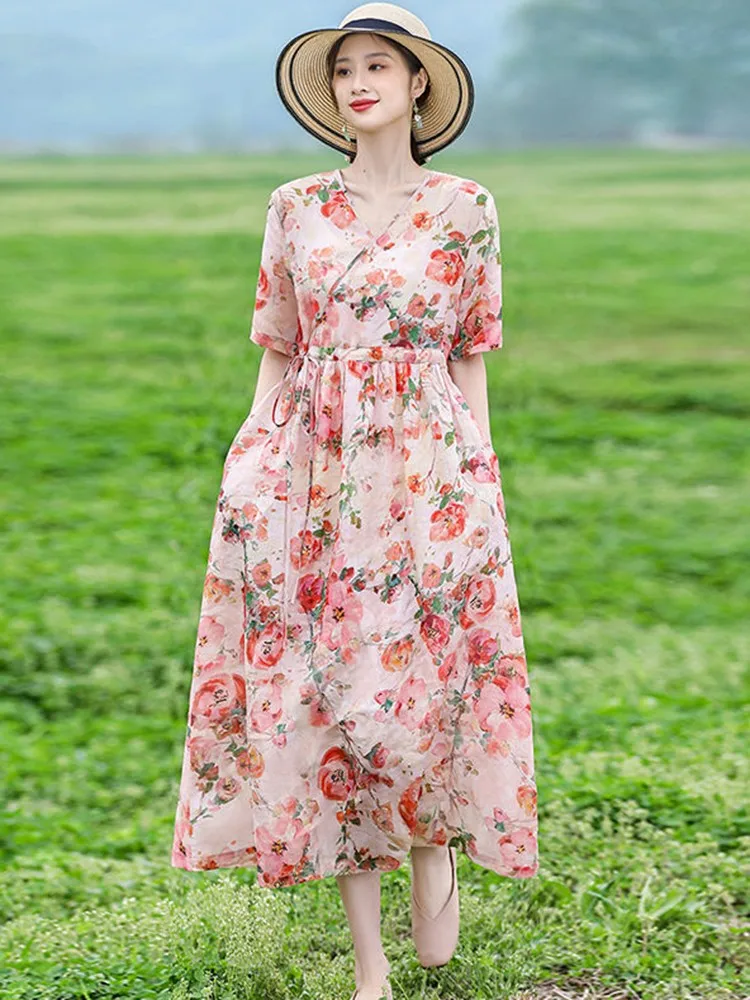 

Женское Повседневное платье с V-образным вырезом, Длинное свободное платье из хлопка и льна с цветочным принтом, в винтажном стиле, D516, лето 2023