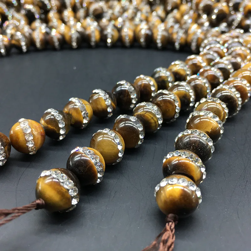 

8/10/12mm Natural Tiger Eye Stone Inlaid Rhinestones Round Spacer Beads For Jewelry Making DIY Bracelet Necklace Gift Materials