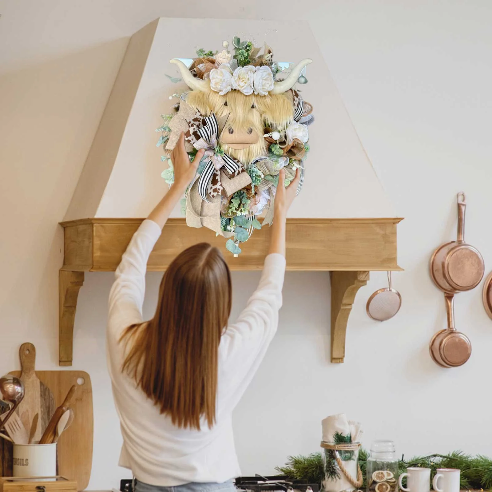 

Highland Cattle Spring Garlands Pendants Artificial Cow Head Decorative Garland Christmas Gift Home Decor for Indoor Garden