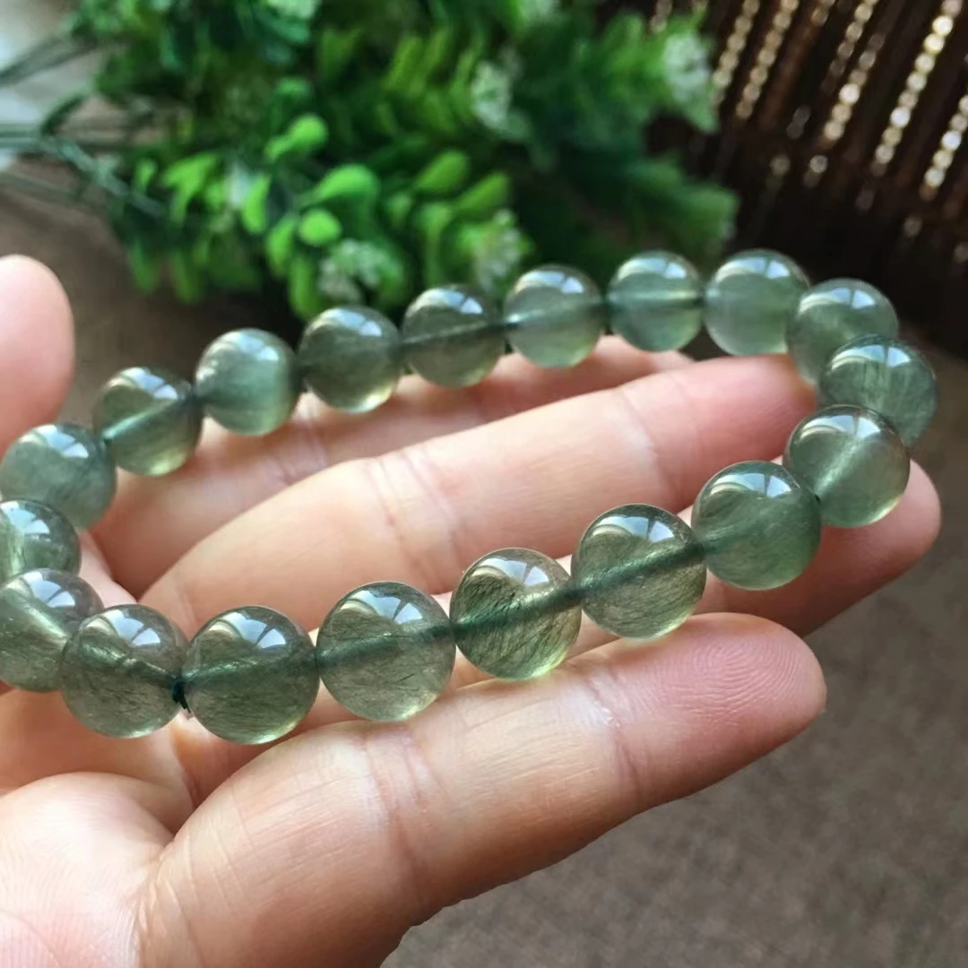 

Natural Green Rutilated Quartz Bracelet 10mm Women Cat Eye Stretch Crystal Round Beads Gemstone Rare AAAAA