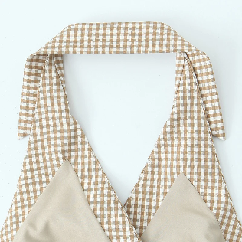 Клетчатый брючный костюм с лямкой на шее и открытой спиной жилет комплект прямых