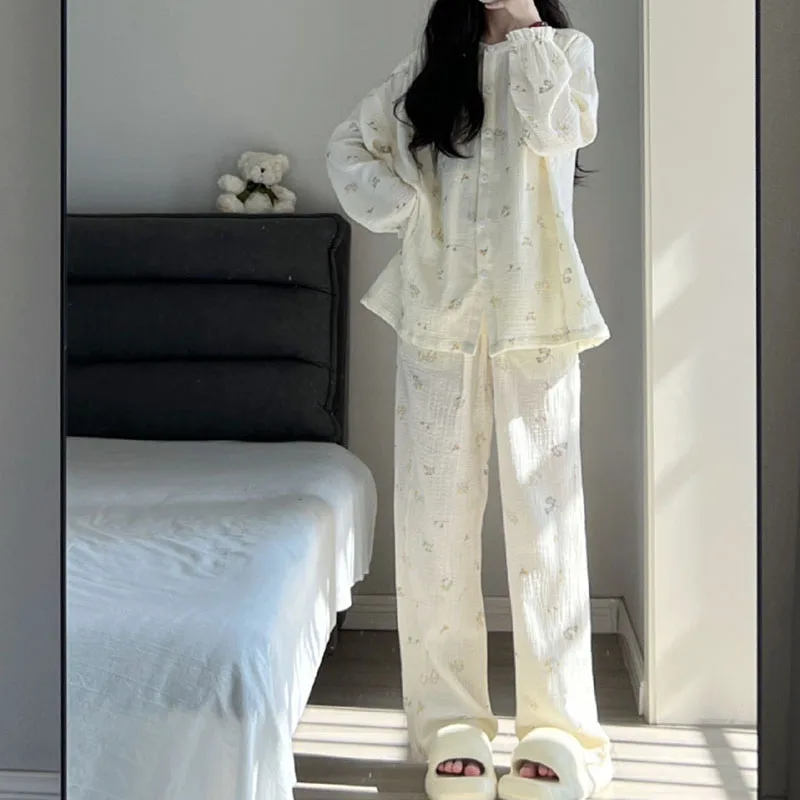 Floral Print Women Pajama Suit Fashion Button Sleepwear Autumn Long Sleeve Sets for Women 2 Pieces Korean Piiama Pants 2023 New