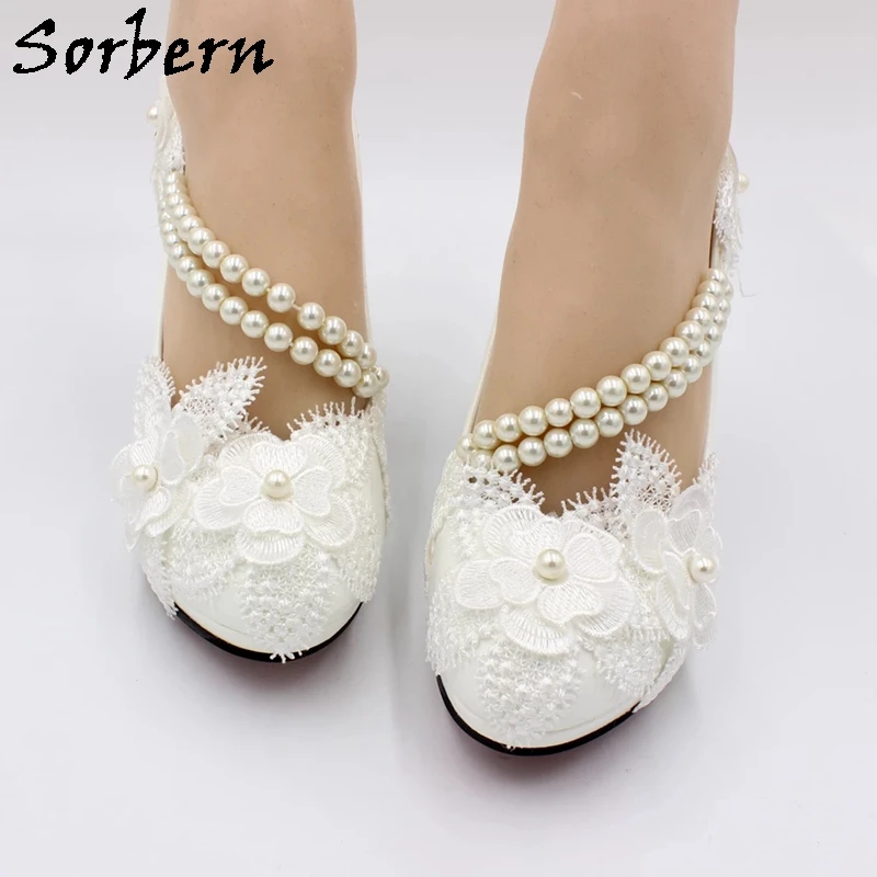 

Sorbern 8Cm High Heel Women Pump Beaded Strings Side Pointy Toes Flowers Lace Shoe Bridesmaid Girl Comfy 3Cm 5Cm Flat Heel Shoes