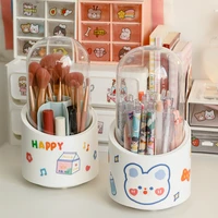 cute ins acrylic large capacity makeup brush lipstick storage bucket with cover rotating pen holder cosmetic desktop storage box
