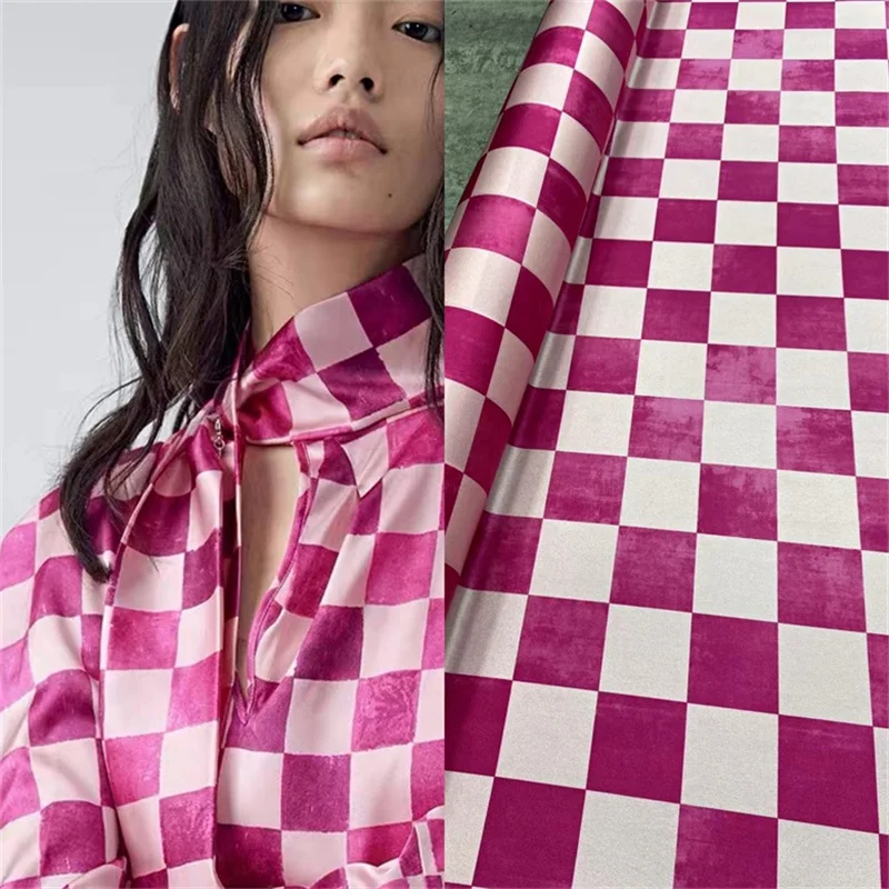 

New H Home Rose Red with Pink Plaid Stretch Silk Fabric High-end Shirt Skirt Fabric 21 Mmi Sewing Charms Twill Charmeuse Fabric
