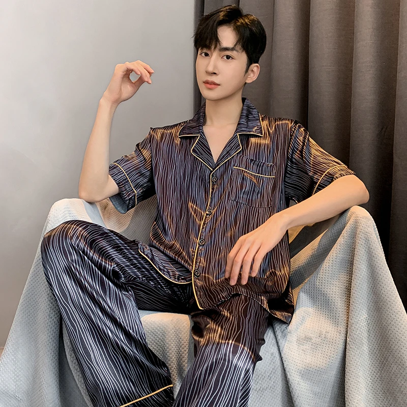 Men Sleepwear Silk Satin Pijama Set Pajama Sets Short Sleeve Sleep Home Clothes Man 2 Pieces Sets Home Suits Pyjamas L-5XL