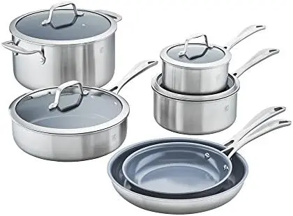 

3-ply 10-pc Stainless Steel Ceramic Nonstick Pots and Pans Set, Dutch Oven, Fry Pan