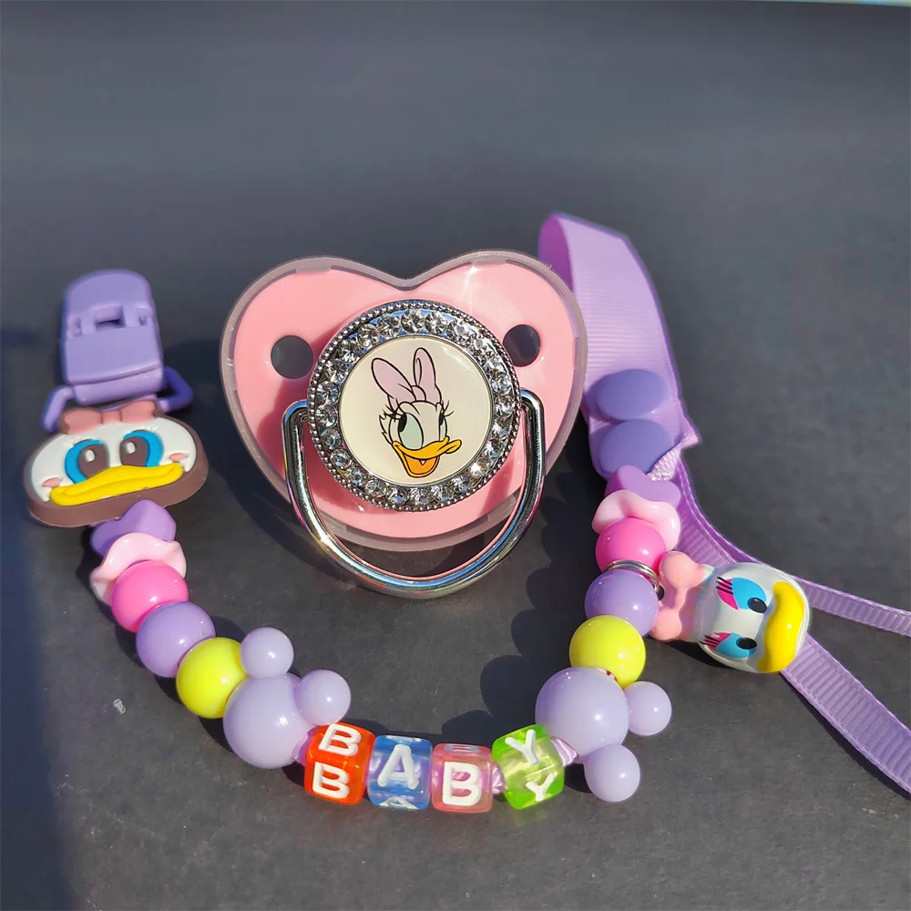 

[1 Set ] Baby Girl Pink Purple Silicone Beads Cartoon Shape Holder for Pacifier Silicone Pacifiers for Babies Dinsey Baby Items
