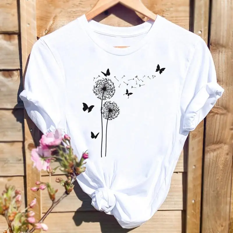 

Women Fashion Dandelion Butterfly Cute Sweet Graphic T Top Cartoon Short Sleeve Summer Shirt Print T-shirts Female Tee T-Shirt