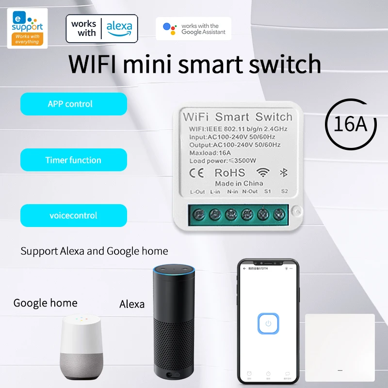 Wi-Fi MINI Smart Switch16A 2-сторонний Совместимый телефон с дистанционным голосовым управлением с приложением Alexa Google Home
