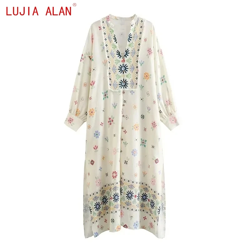 

Autumn New Women's Elegant Geometric Printed Linen Side Slit Midi Dress Female Casual Long Sleeved Vestidos LUJIA ALAN WD3091