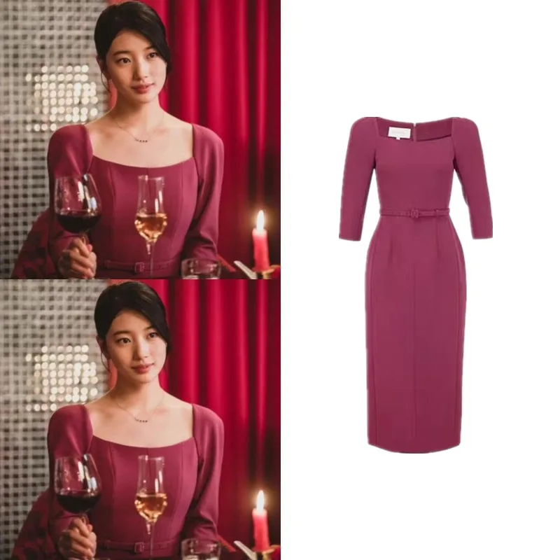 

Elegant Dress Women 2022 Korean Drama TV Star 수지 Long Dress Women Square Collar Dresses Women Party Dress Outwear
