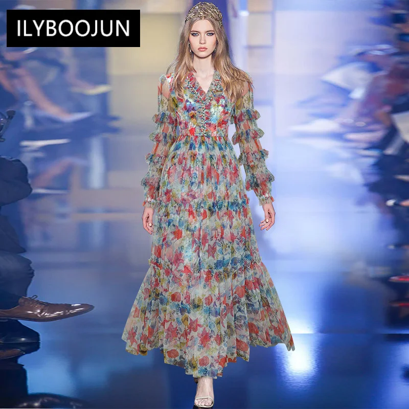 

Fashion Designer dress Spring Women's Dress Beaded V neck Ruffles Long sleeves Mesh Print Elegant Party Maxi Dresses