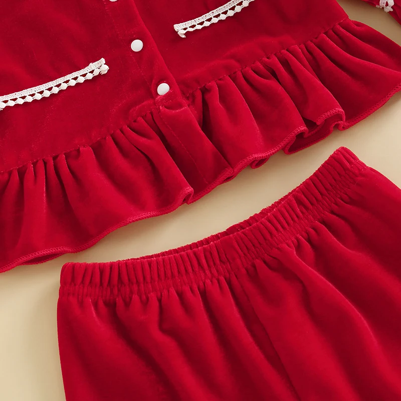 Детский бархатный пижамный комплект для девочек, Топ с длинным рукавом и кружевными пуговицами, штаны, комплект одежды