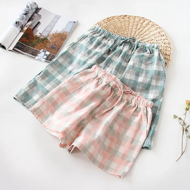 Шорты для пар домашние штаны из чистого хлопка в клетку японском стиле свободные