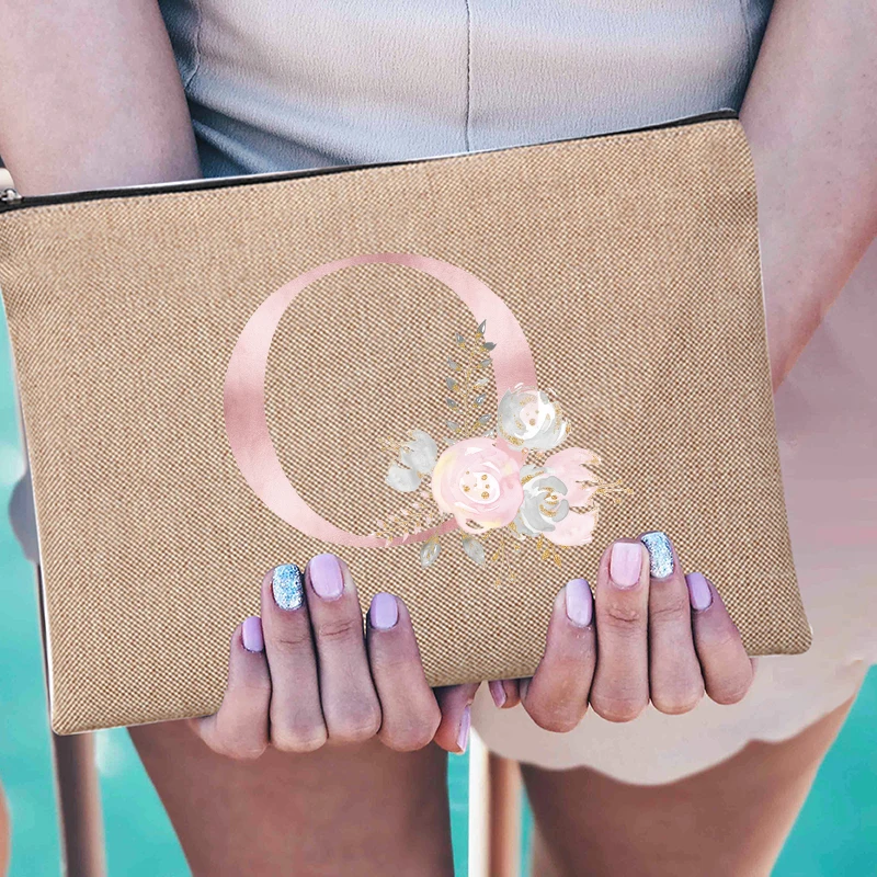 

Flower Letter Printed Cosmetic Bag Travel Large Capacity Portable Women's Makeup Storage Manager Outdoor Zippered Linen Bag