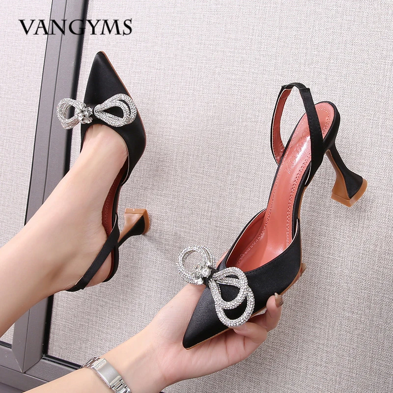 

Women's Wine Glass Heel Pumps Summer Pointed Toe Head Rhinestone Bow High Heels Ladies Party Shoes plus size 43 Escarpins femme