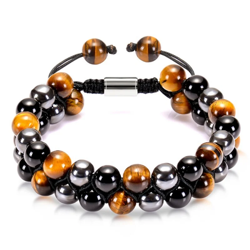 Фэн-шуй подарок тигровый глаз черный агат двойной браслет для мужчин и женщин