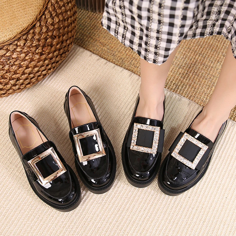 Square Buckle Single Shoes Women's Autumn New Rhinestone Thick-soled Loafer Shoes British Style College Small Leather Shoes