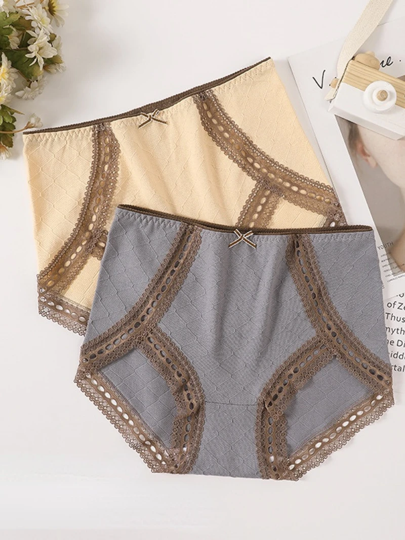 

Women's Cotton Lace Underwear High Waist Sheath plus Size Jacquard Contrast Color Belly Contracting Briefs Panties High-Rise