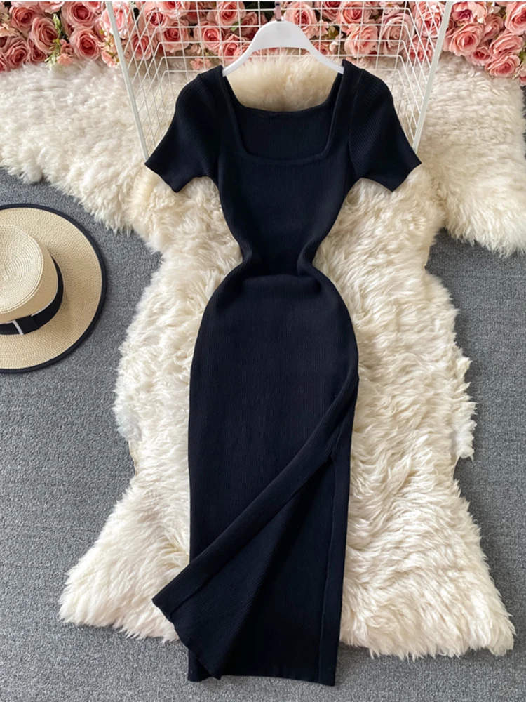 

2022 Spring Summer New Women Dress Vintage Square Collar Short Sleeve Split Long Dress Solid Pullover High Waist Knitted Dress